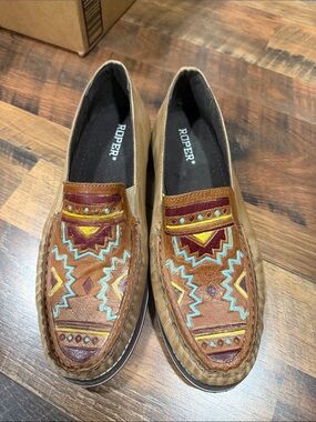 Roper Brown Leather Slip-On Loafers with Turquoise & Yellow Embroidery